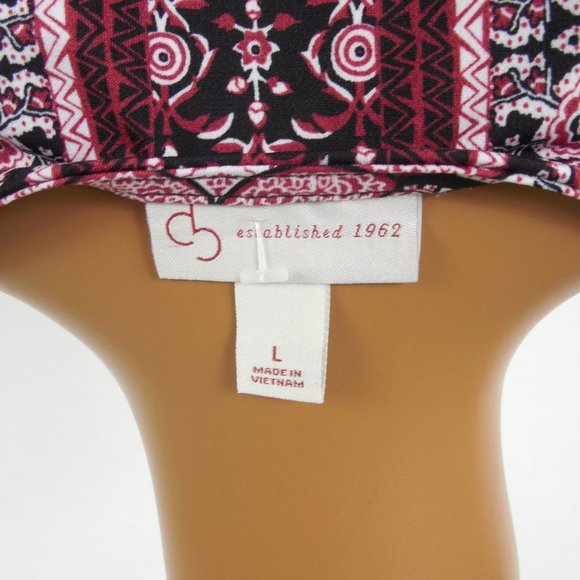 DRESSBARN Top L Tunic Blouse Red/Black Print Stretch V-Neck 3/4 Asymmetric Slvs - Picture 10 of 11